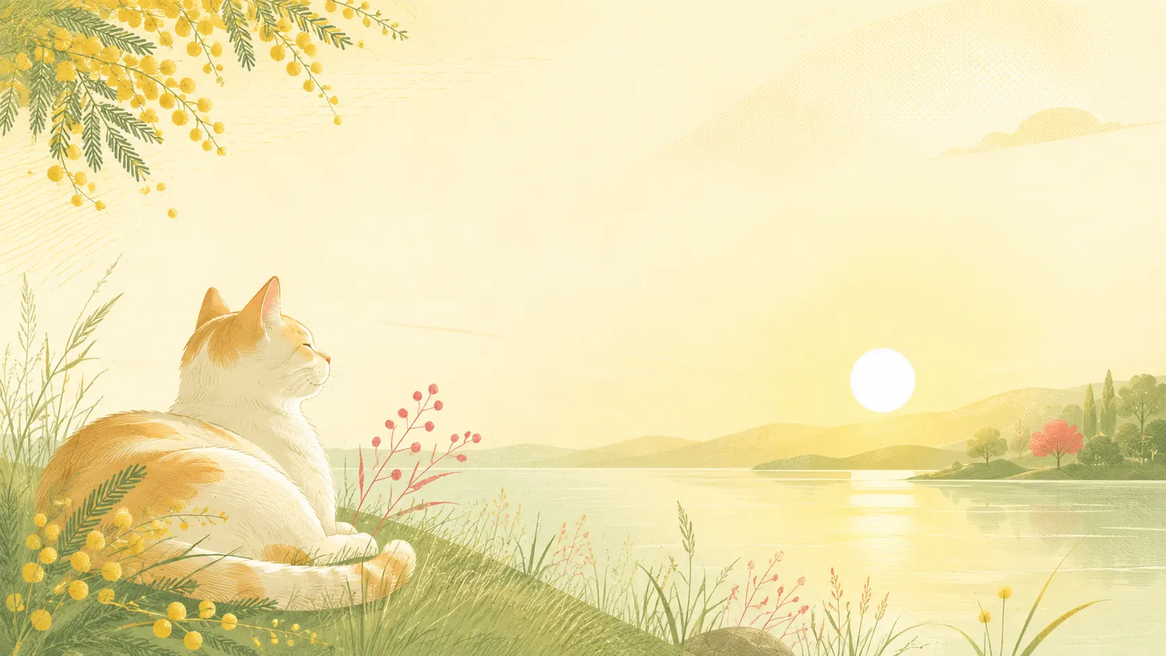Peaceful cat resting in warm morning light by the lake